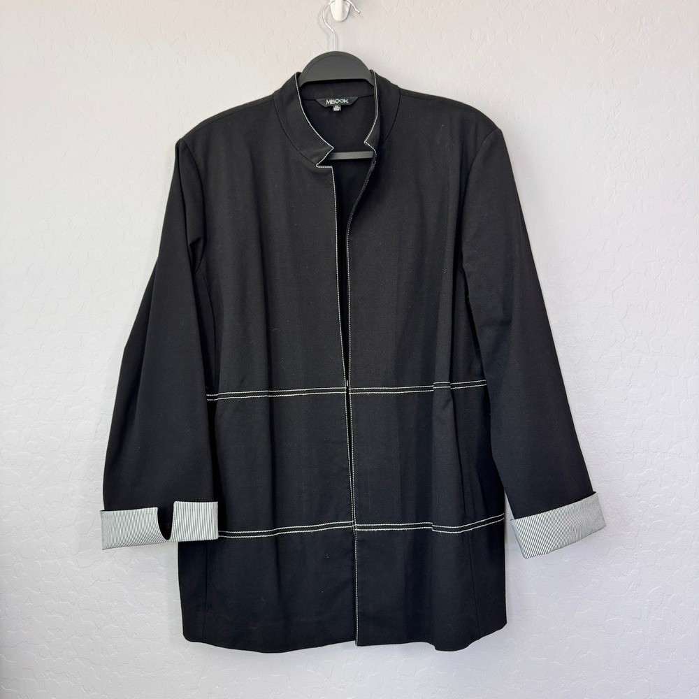 Misook XL Jacket Black Long Sleeve Contrast Stitch Open Front Stand Collar